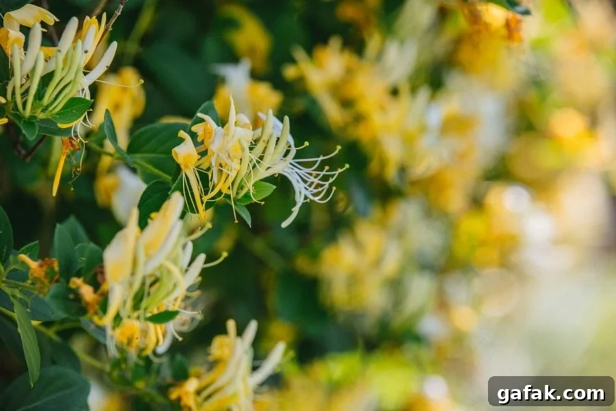 Yellow and white honeysuckle in full blossom, displaying long stamens and bright color. 