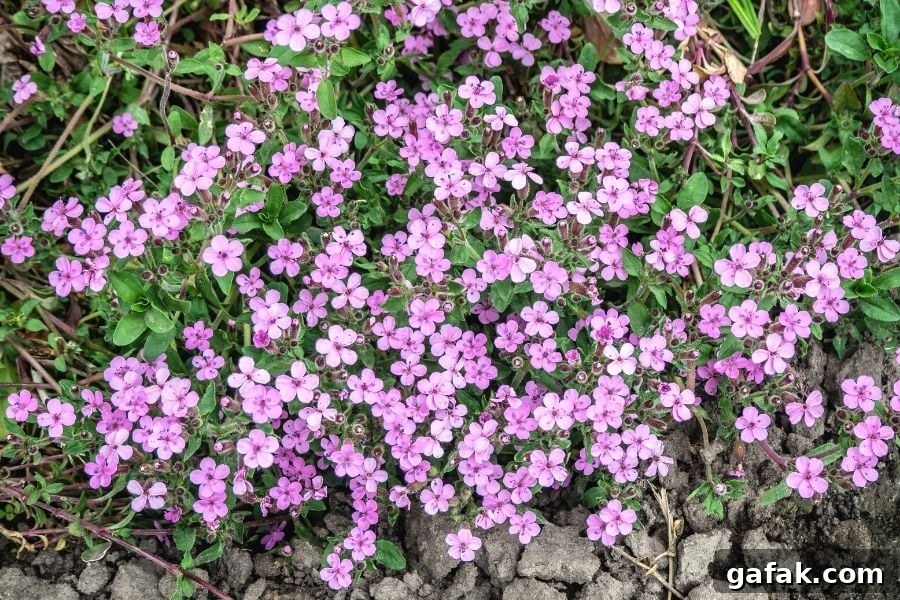A ground cover of small, lavender colored soapwort flowers
