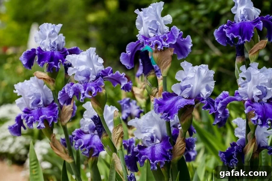 A clump of hite and purple-blue irises growing in the garden