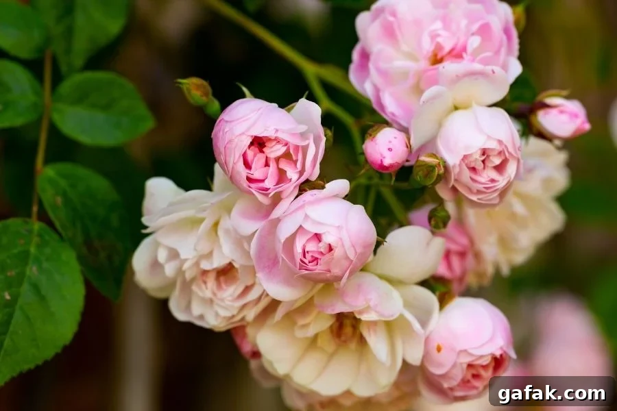Soft pink overspent roses and rose buds gently clinging to the bush. Roses are one of the old fashioned flowers from Anne of Green Gables!