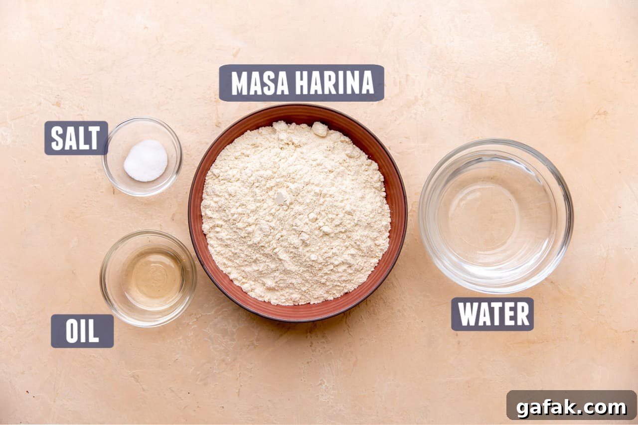 Ingredients needed for homemade corn tortillas