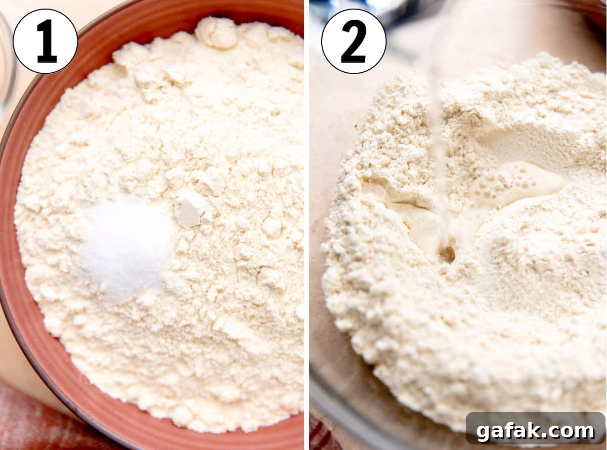 How to make corn tortillas, showing dry ingredients in a bowl, then warm water being poured in. 