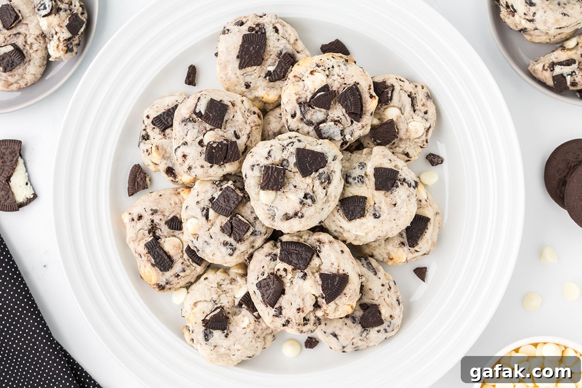 Cookies stacked on a round white serving platter.