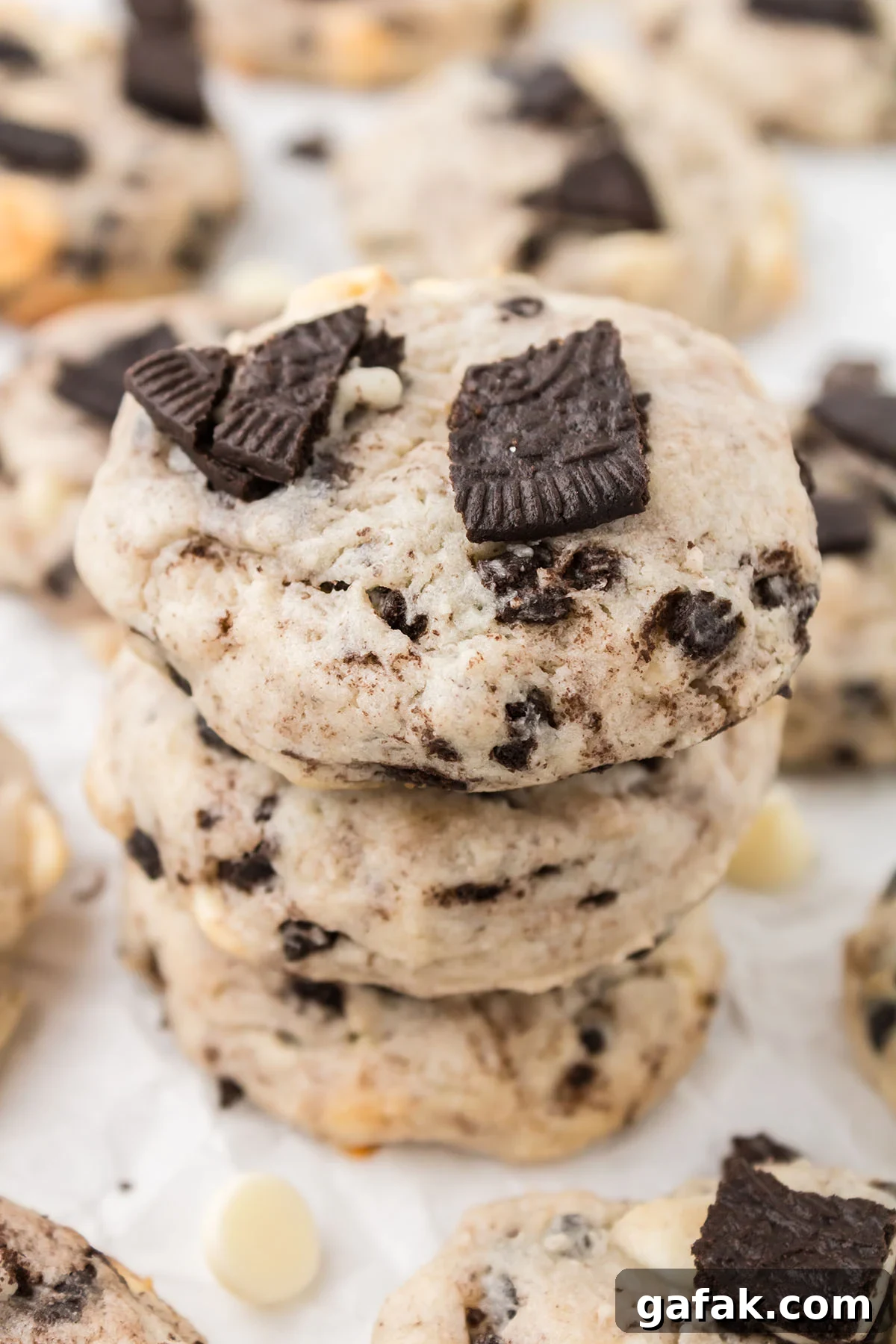 Cookies stacked together on parchment paper.