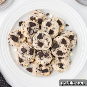 Cookies and Cream Cheesecake Cookies served on a round white platter.