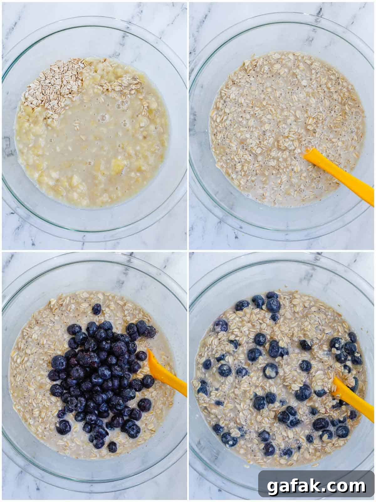 mixing the wet ingredients with blueberry together to make the baked oatmeal 
