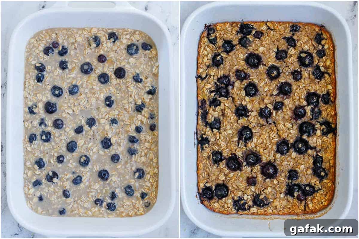 oatmeal in a baking dish before and after baking.