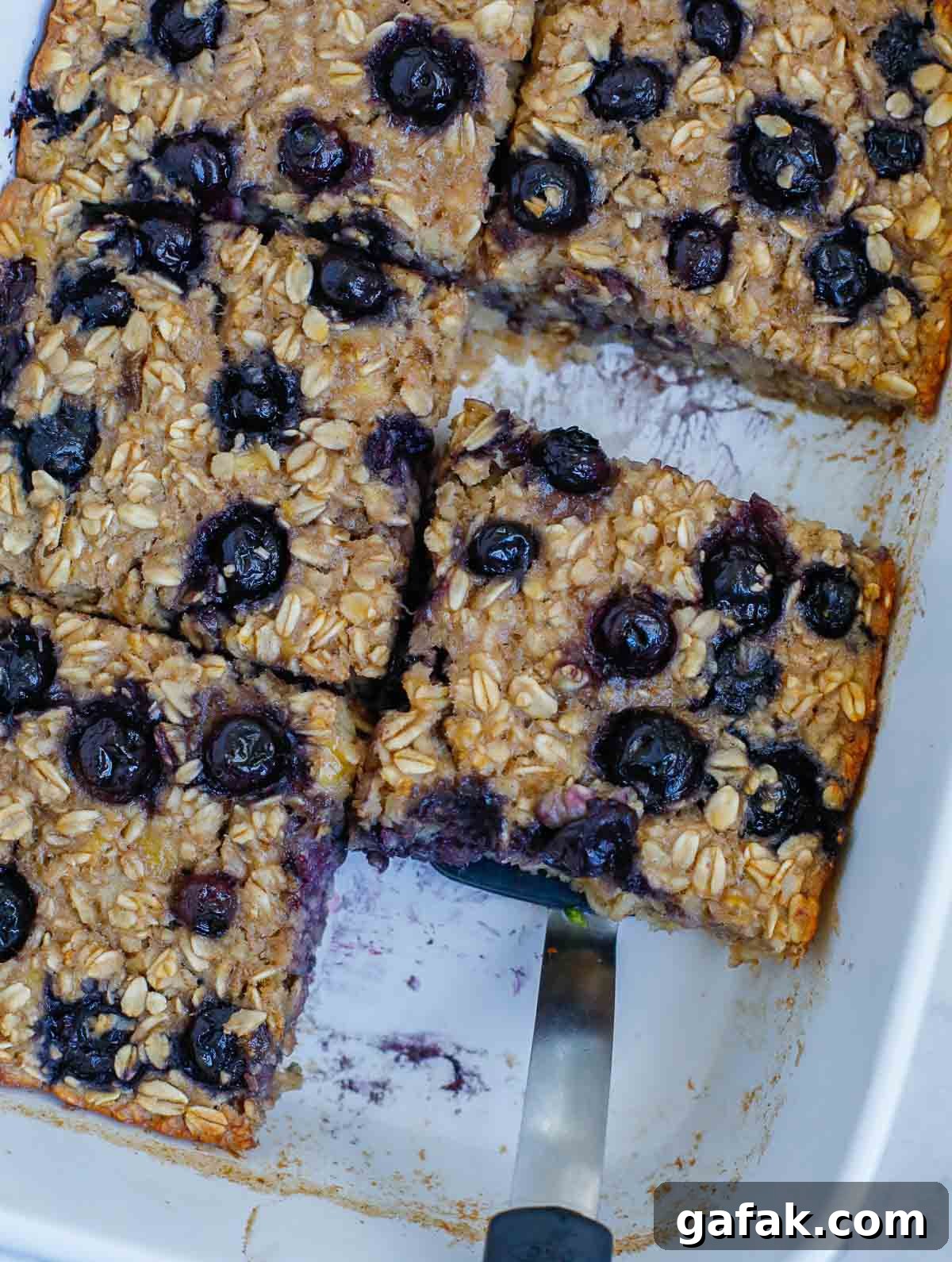 blueberry baked oatmeal after baking in a dish.
