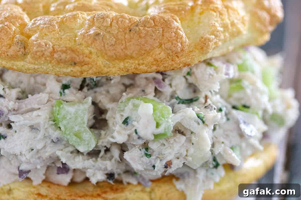 21 Packed Lunch Ideas to Make Midday Meals Exciting Again 3 Close-up of a chicken salad sandwich with visible chunks of chicken, celery, and herbs, served in a fluffy, golden bread roll.