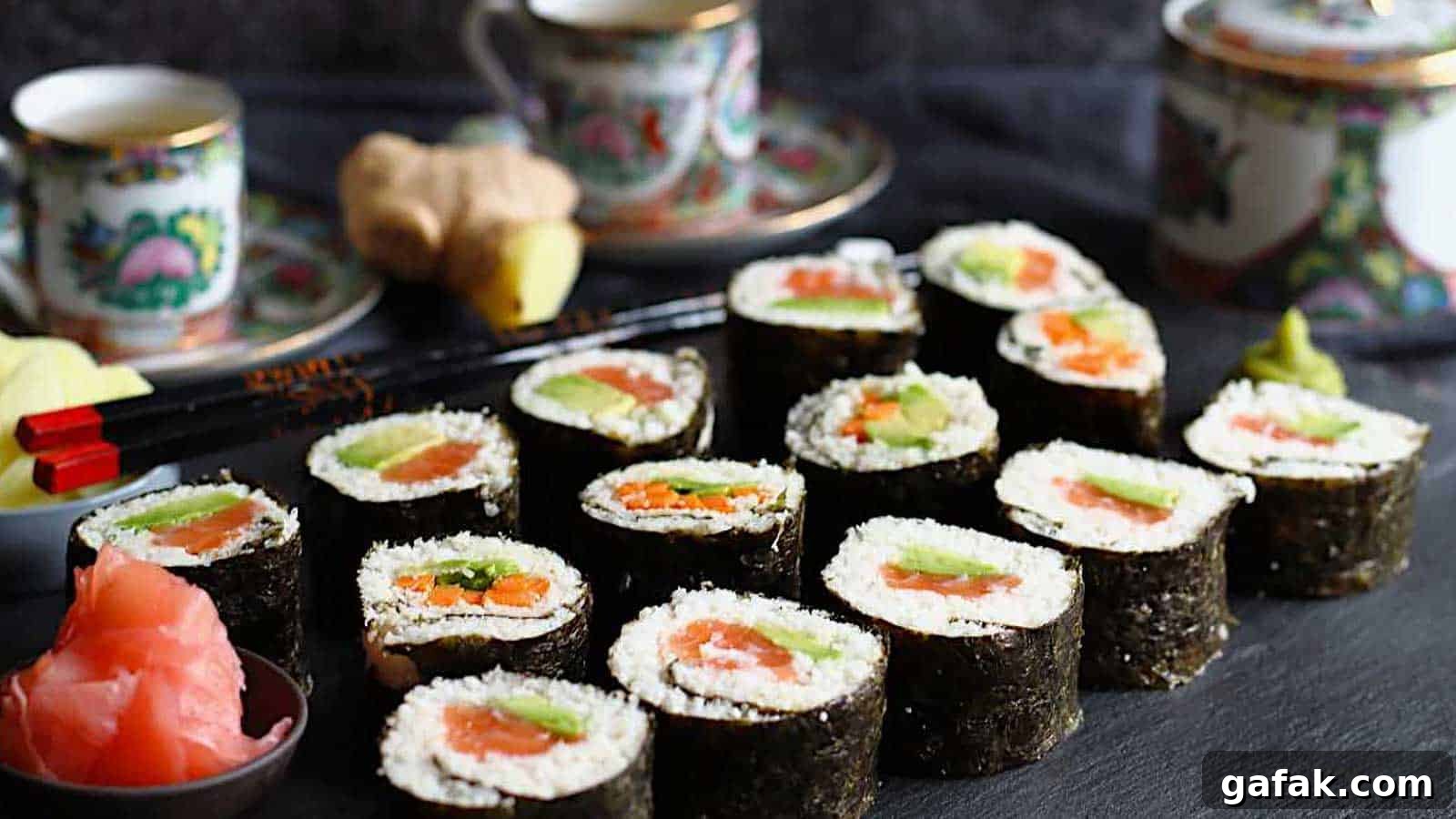 21 Packed Lunch Ideas to Make Midday Meals Exciting Again 9 Keto Friendly Sushi Rolls served on a black board.