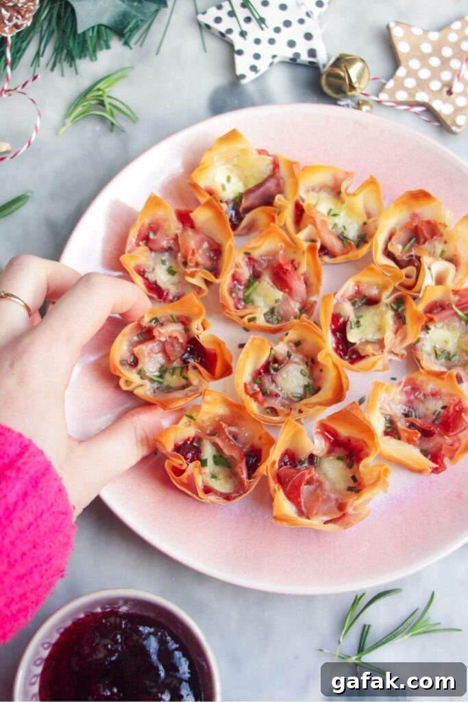 Brie filo bites on a small pink plate.