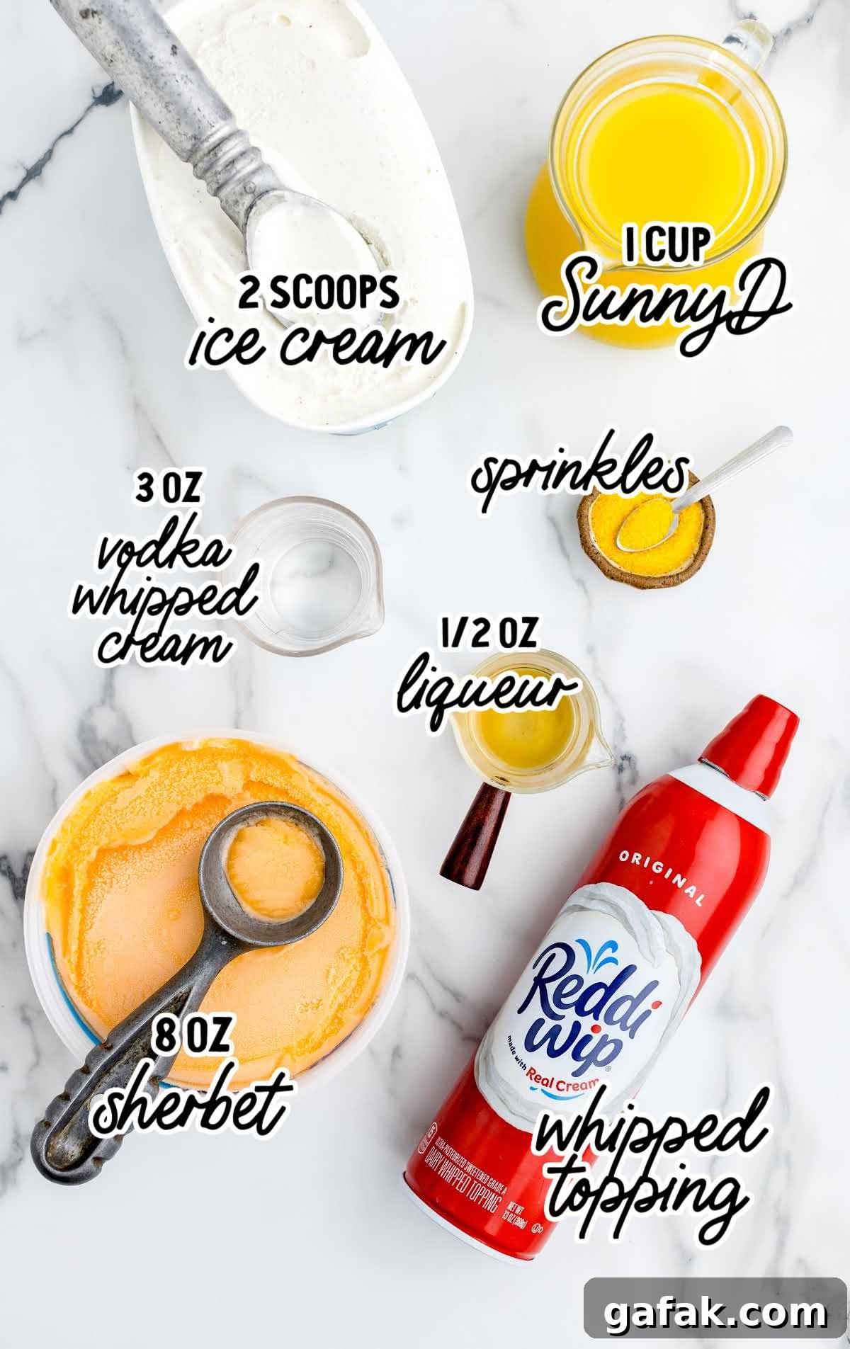 Orange Creamsicle Cocktail raw ingredients that are labeled