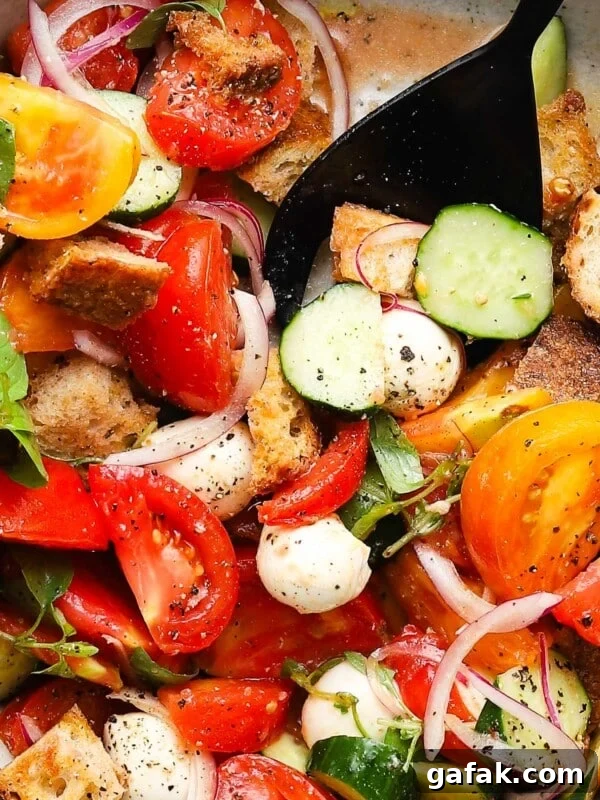 Colorful Panzanella salad with tomatoes, cucumbers, mozzarella, onions, and fresh basil.