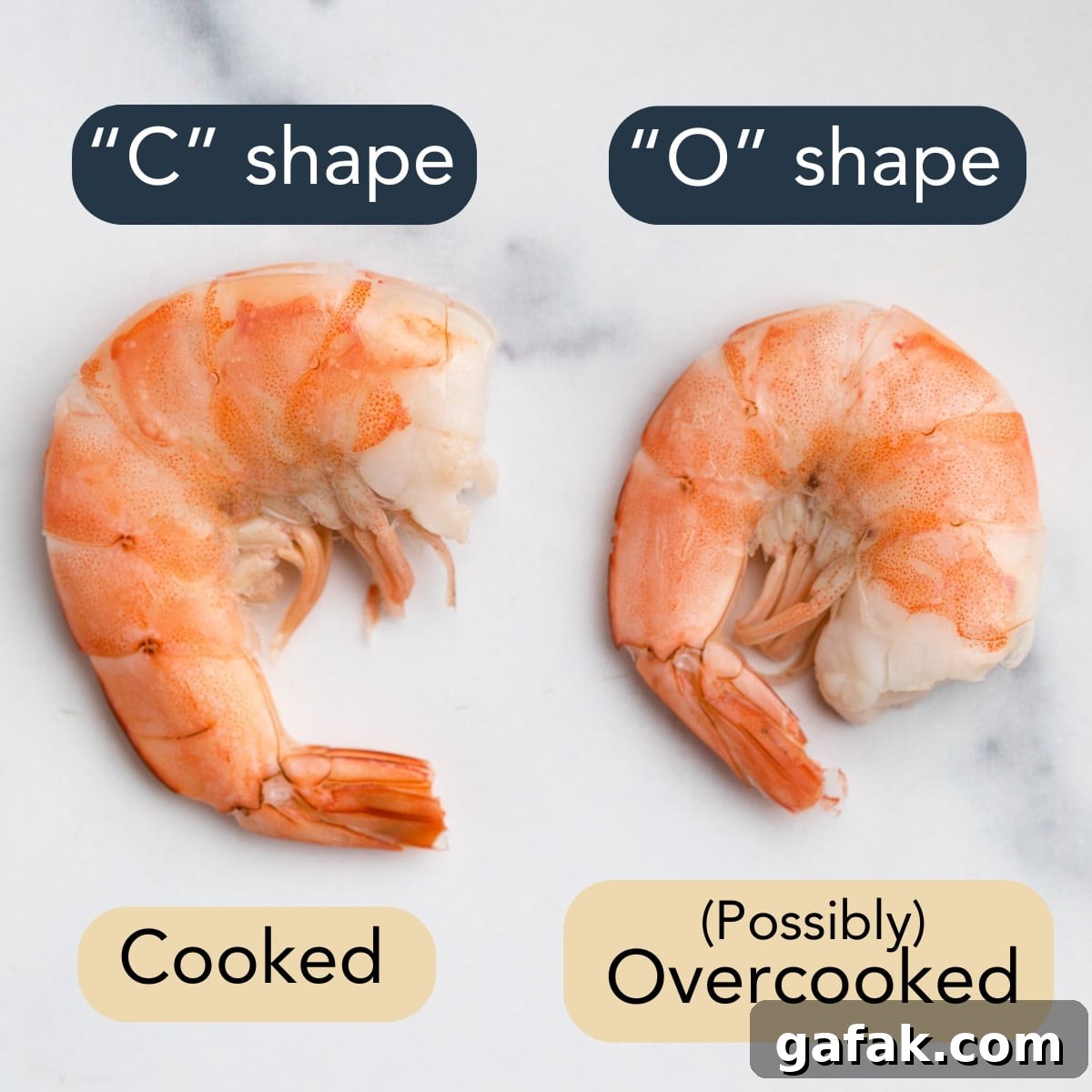 How to Poach Shrimp Perfectly Every Time 13 photo showing a cooked "C" shaped shrimp and an overcooked "O" shaped shrimp