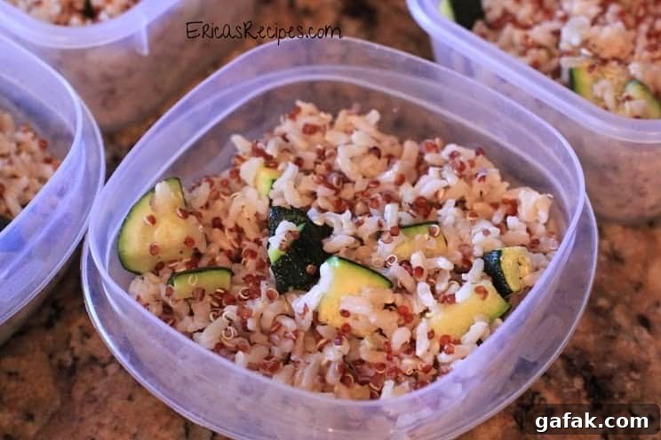 Baked Salmon with Brown Rice, Red Quinoa, and Zucchini