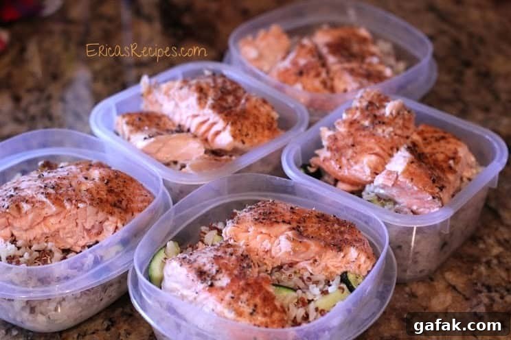 Baked Salmon with Brown Rice, Red Quinoa, and Zucchini