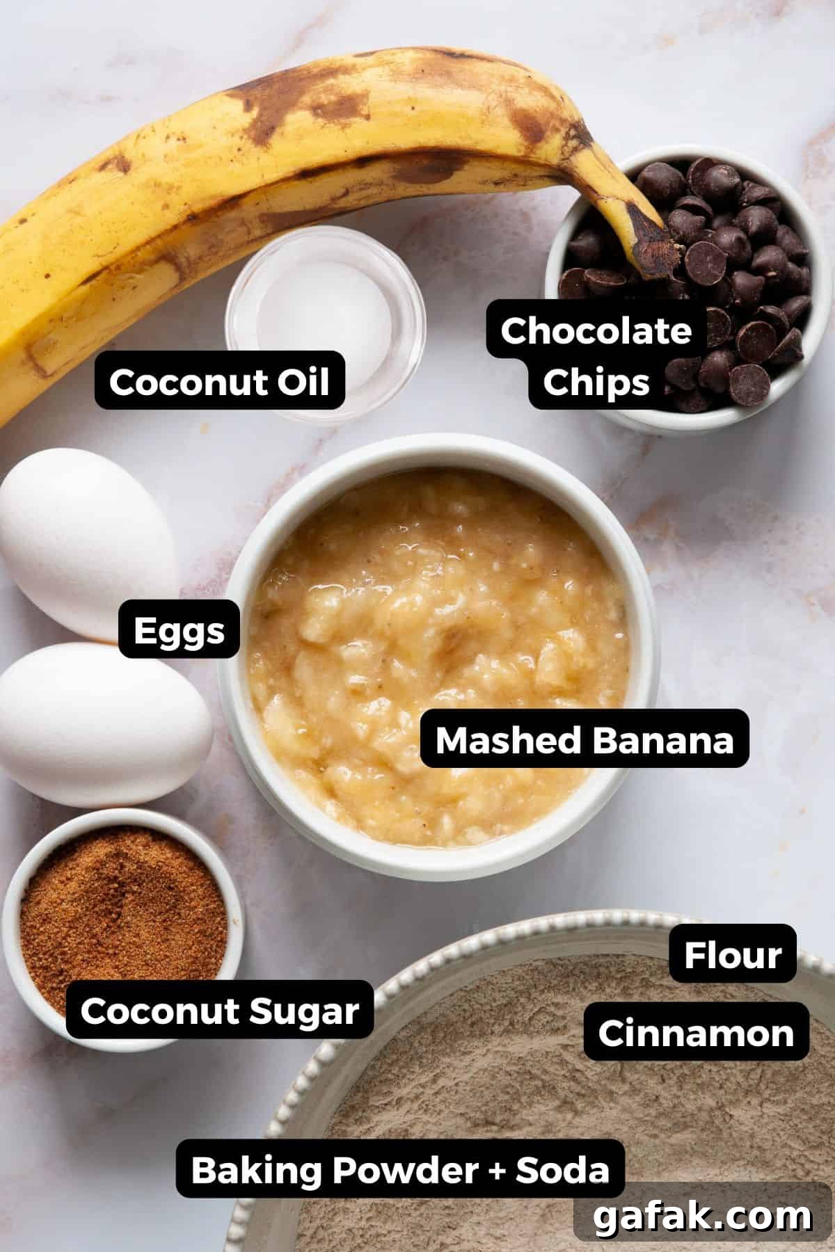 Moist Dairy-Free Banana Bread Recipe (Vegan-Friendly) 3 Ingredients for dairy-free banana bread including bananas, eggs, coconut oil, coconut sugar, flour, cinnamon, and dairy-free chocolate chips.