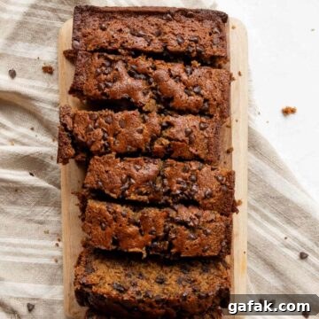 Super moist, healthy oat flour banana bread with mini chocolate chips.