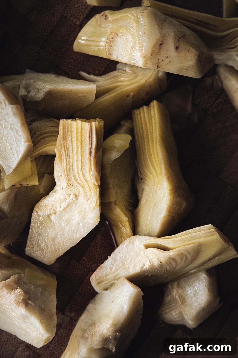 Top down view of marinated artichoke close-up.