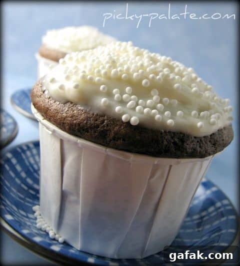 Two Homemade Chocolate Cupcakes with Cream Cheese Frosting and Non-Pareil Sprinkles on Top