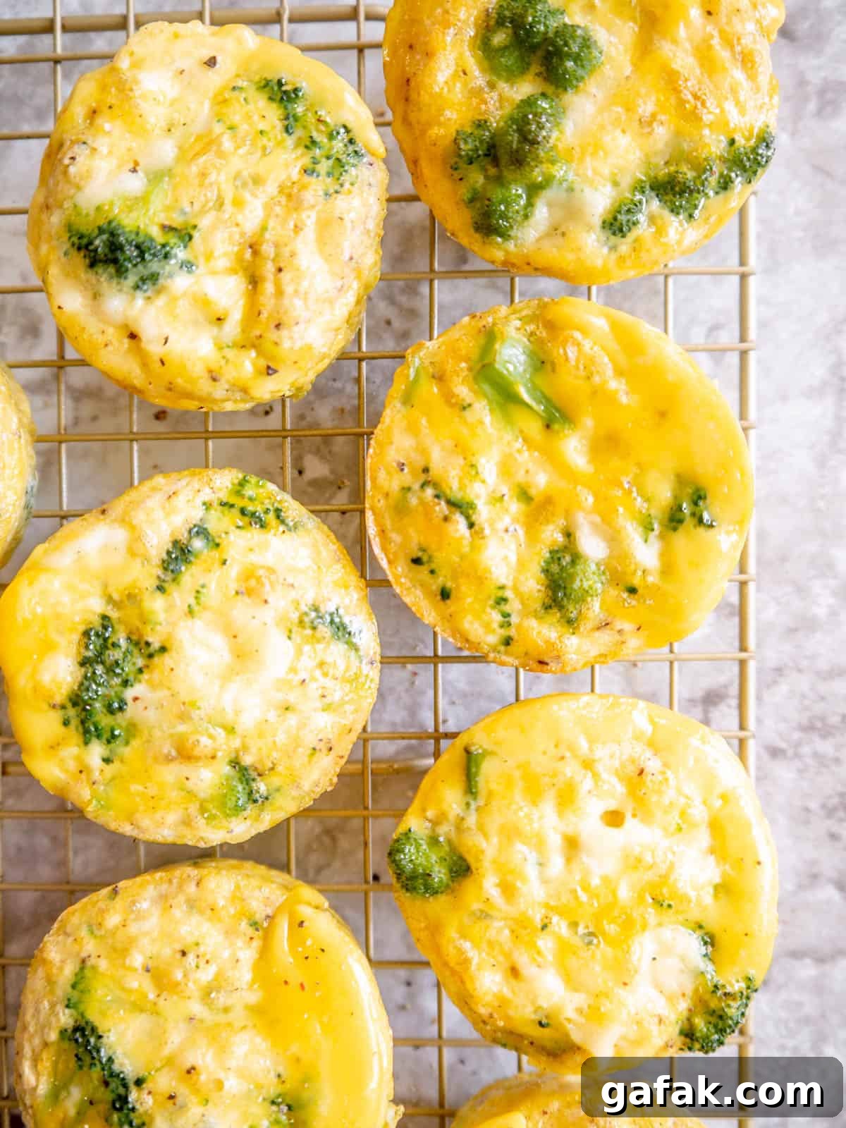 Broccoli cheddar Keto egg bites cooling on a drying rack.