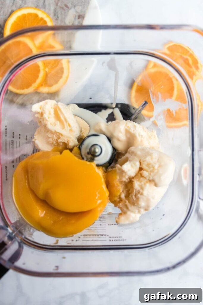 frozen orange juice and ice cream in a blender