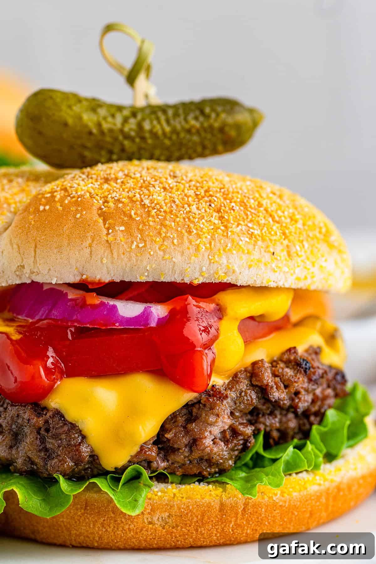 Close up side view of Cheseburger showing the burger and toppings