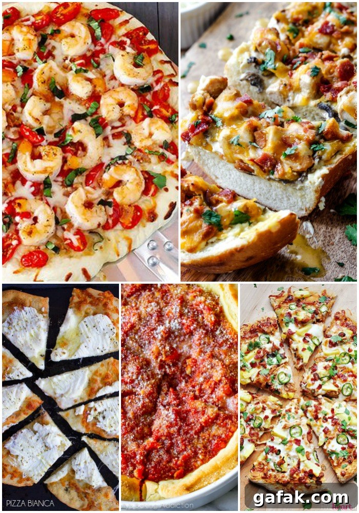 Assorted toppings on pizzas