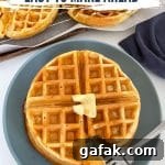 hero shot with a waffle and a pat of butter on a blue plate.