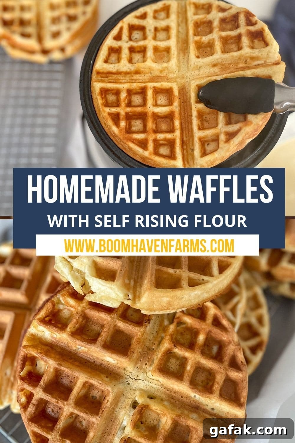 collage of stacked waffles on a plate and a waffle being pulled out of the iron