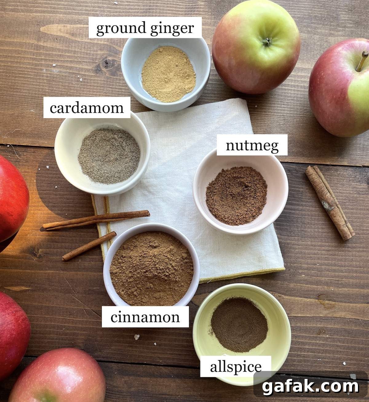 The ingredients in apple pie spice laid out and labeled.