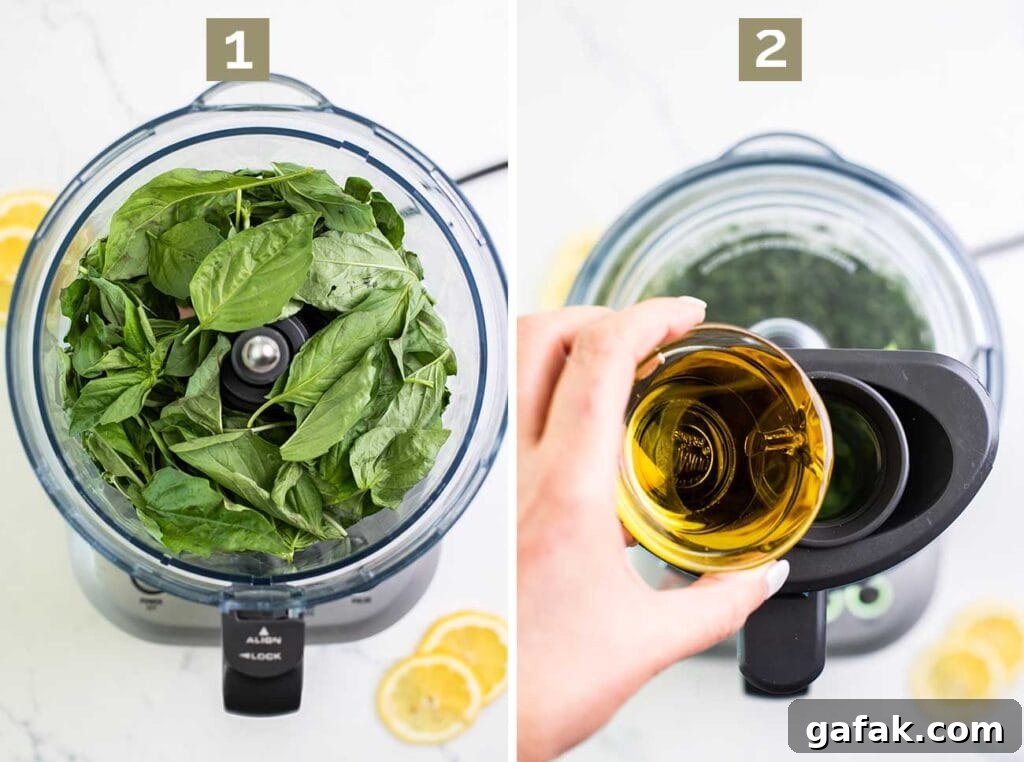 Step 1 shows chopping basil in a food processor. Step 2 shows slowly drizzling olive oil into the basil.