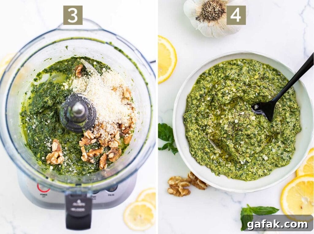 Step 3 shows adding parmesan cheese and walnuts to the basil and olive oil mix. Step 4 shows the fully processed sauce in a white bowl.