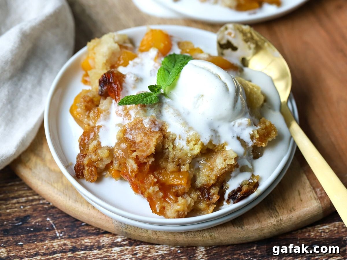 peach cobbler on a plate with ice cream.
