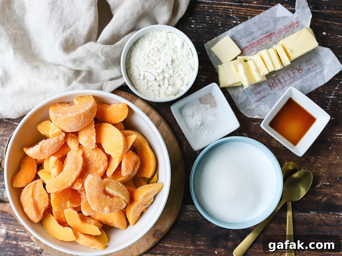 Ingredients to make slow cooker peach cobbler.
