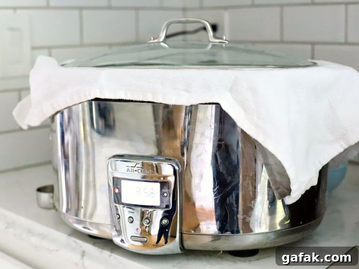 crock pot with dish towel under the lid.