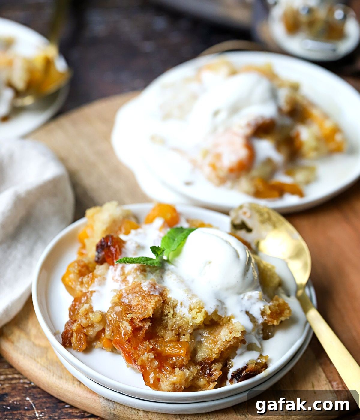 peach cobbler on a plate with melting ice cream.