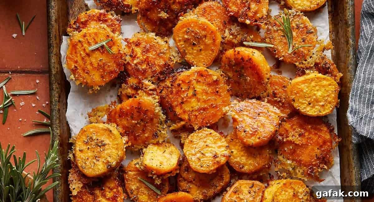 Overhead image of savory roasted sweet potatoes with parmesan and herbs on baking dish. 