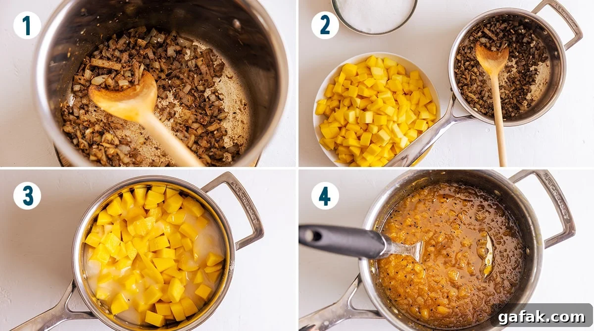 4 images in a collage showing the key stages of making mango chutney.