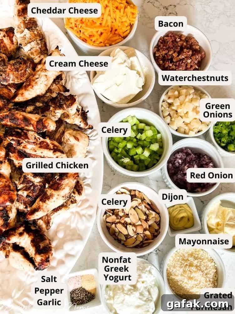 Containers of all the ingredients used to make keto Southern hot chicken salad.