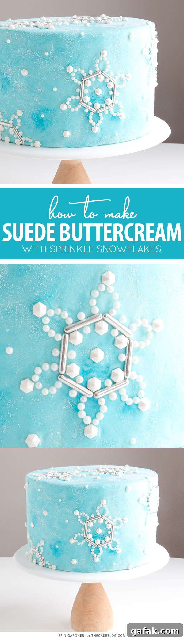 Sueded Buttercream Cake with Sprinkle Snowflakes | by Erin Gardner for TheCakeBlog.com #cake #winter #christmas #christmasdessert