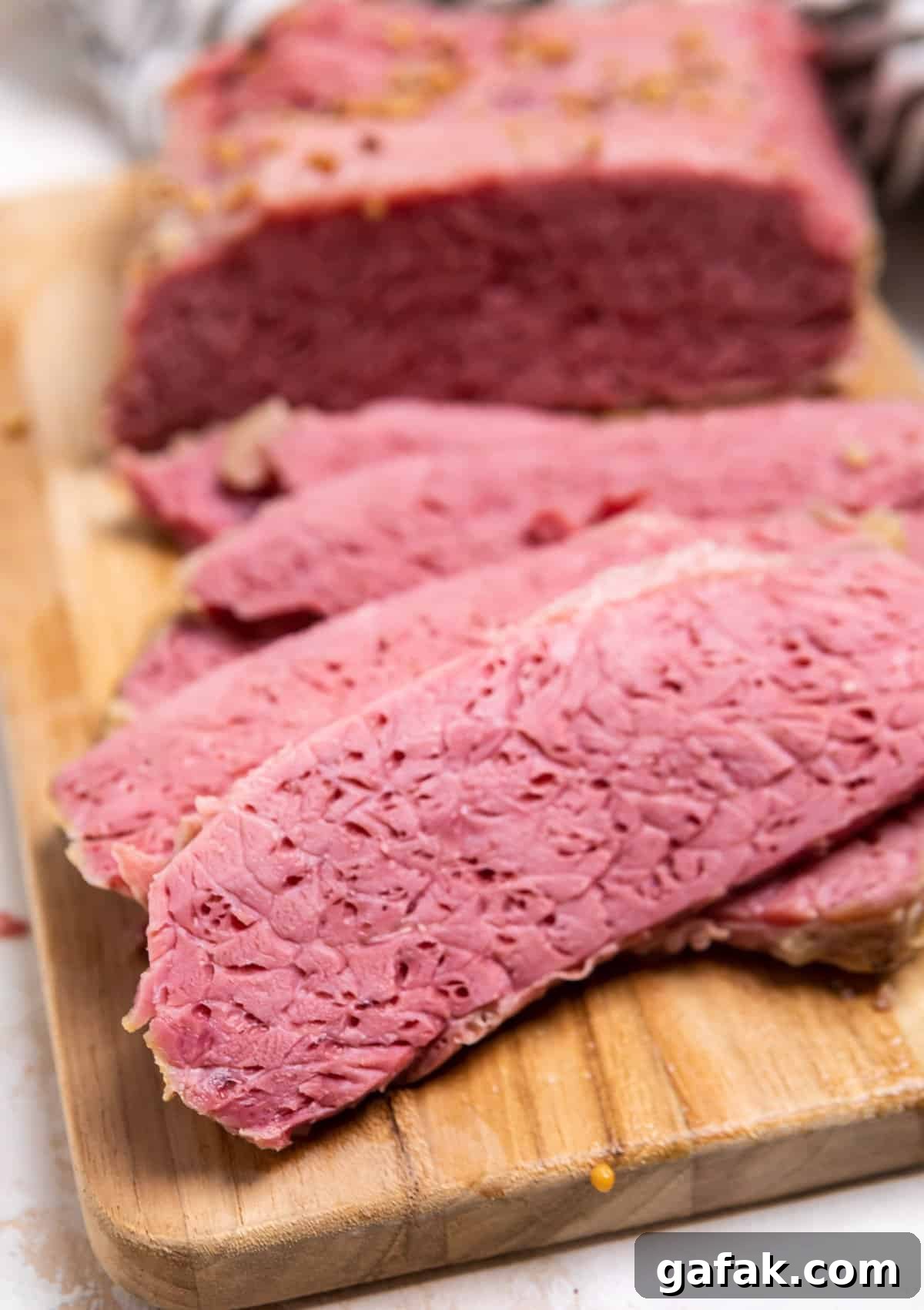 Classic Reuben Sliders with Melted Swiss and Tangy Thousand Island 3 Corned beef sliced on cutting board.