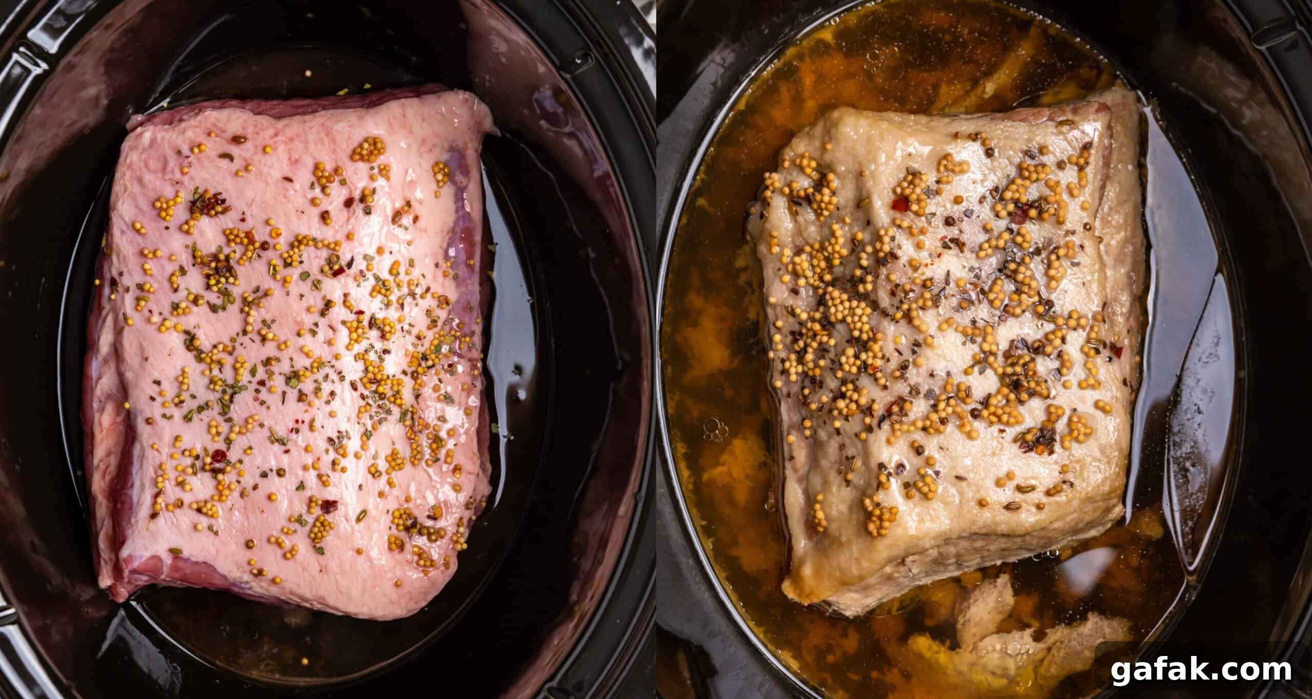 Classic Reuben Sliders with Melted Swiss and Tangy Thousand Island 4 Corned beef brisket in slow cooker before and then after cooked,