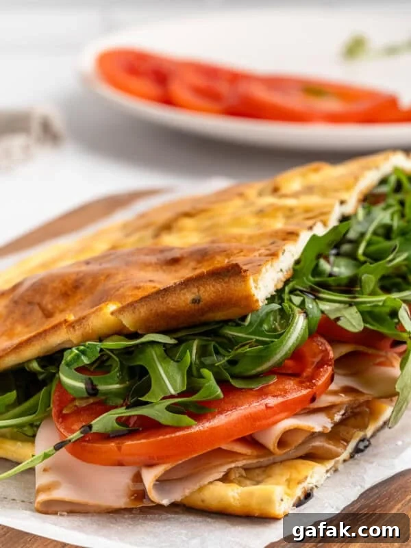 A freshly made sandwich on a wooden board, filled with sliced turkey, fresh arugula, and tomato slices. The sandwich is on ciabatta bread, slightly toasted. A white plate with additional tomato slices is blurred in the background.