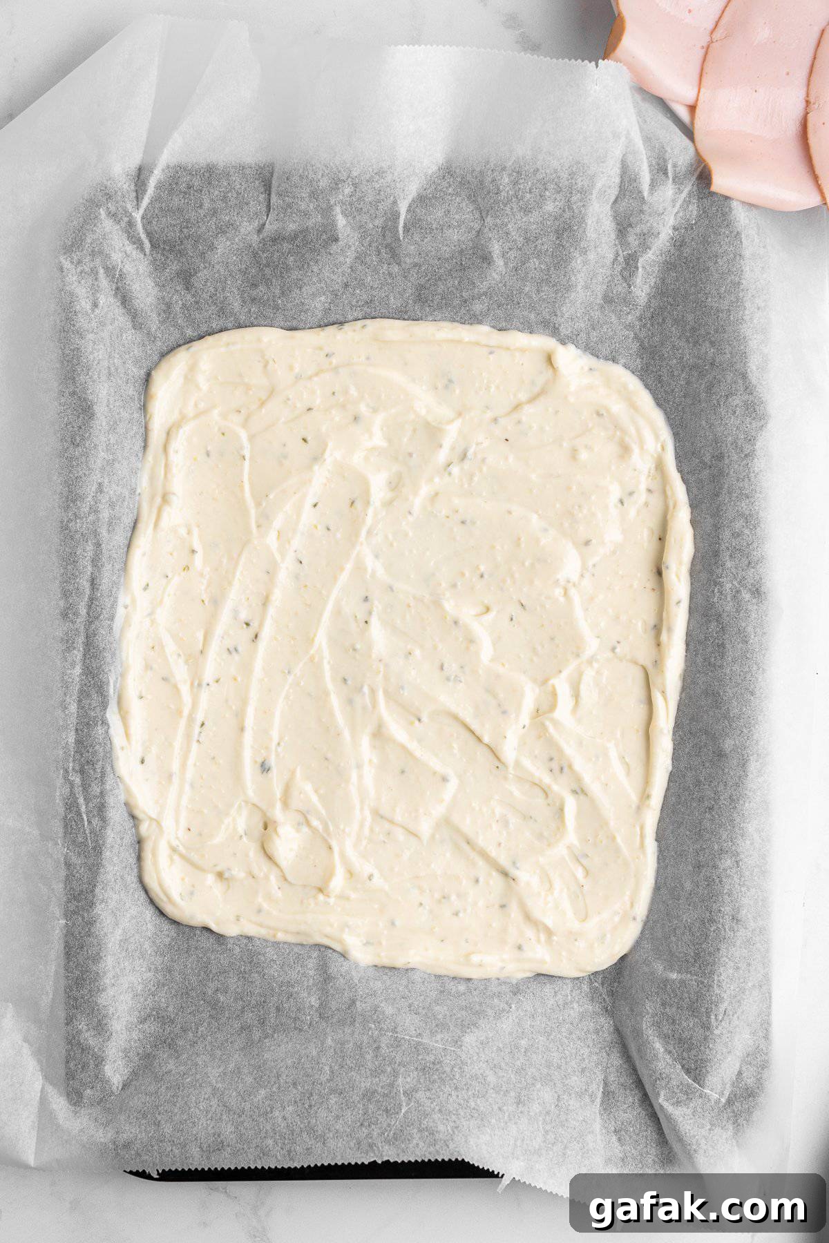 A baking tray lined with parchment paper holds an even spread of creamy, seasoned dough or batter. The surface is smooth and speckled with herbs. A few slices of deli meat are visible in the corner on a light background.