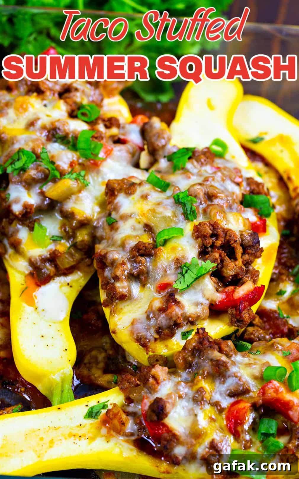Taco Stuffed Squash in baking dish.