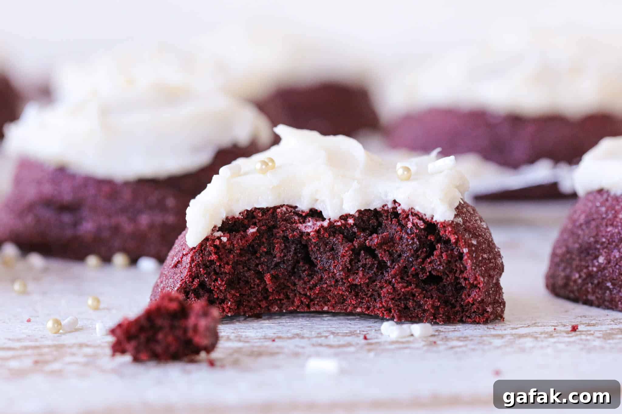 A red velvet cookie's interior crumb complete with white frosting on top.