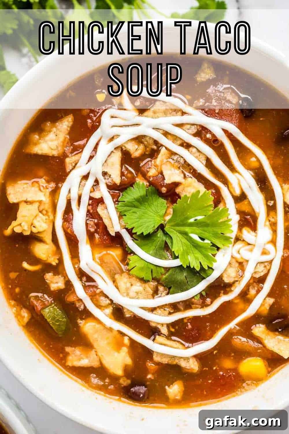 Overhead shot of chicken tortilla soup in a white bowl garnished with swirls of sour cream and fresh herbs.