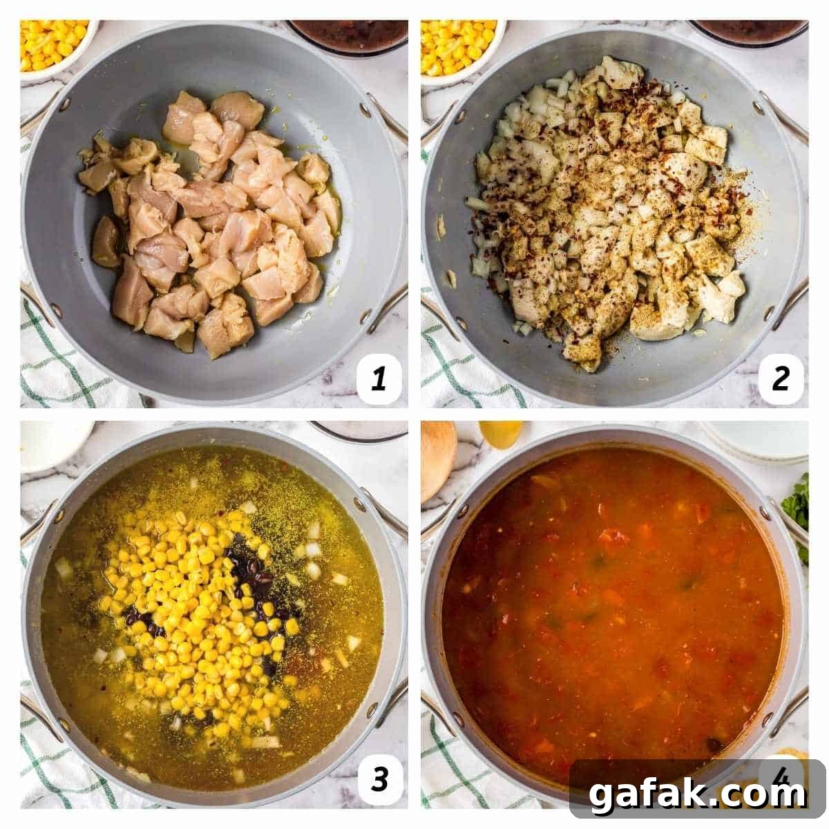 Four panel grid of process shots - cooking chicken in a large pot and gradually adding the rest of ingredients.