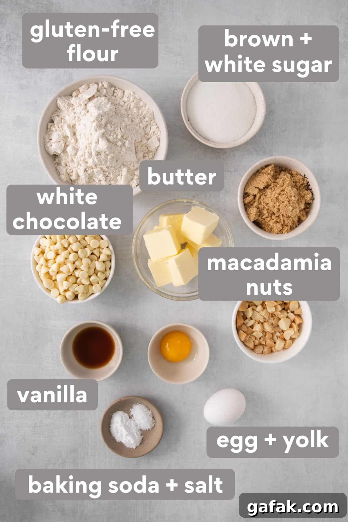 Ingredients for white chocolate macadamia nut cookies on a countertop